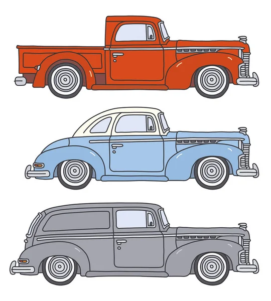 Die Vektorisierte Handzeichnung Von Drei Amerikanischen Retro Autos Vektorgrafiken