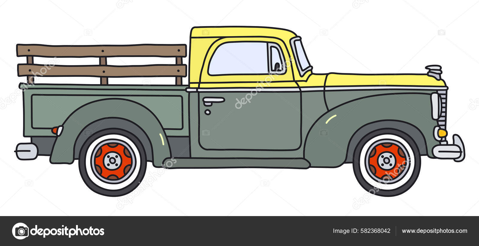 Vectorized Hand Drawing Old Green Yellow Small Semitruck Stock