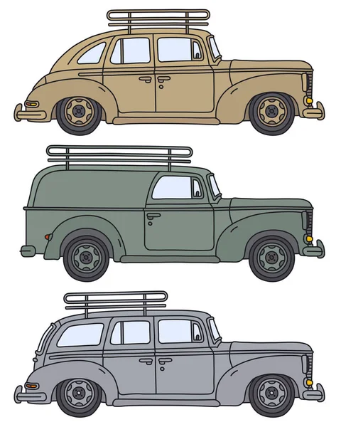 Desenho Mão Vetorizado Três Carros Pessoais Militares Retro —  Vetores de Stock