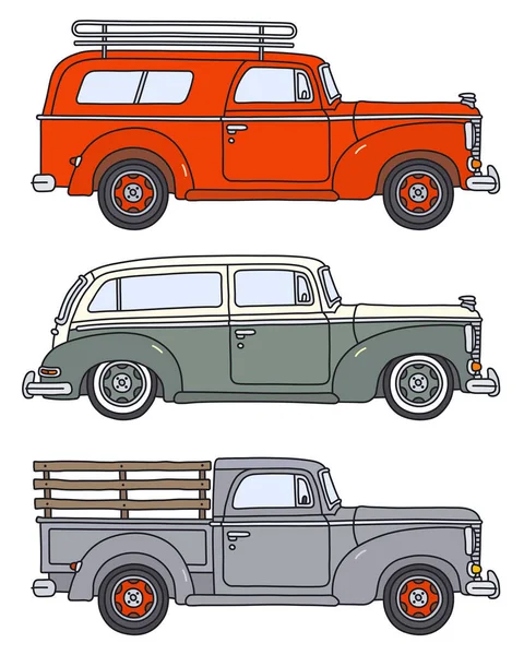 Vectorized Hand Drawing Three Retro Delivery Vehicles — Stock Vector