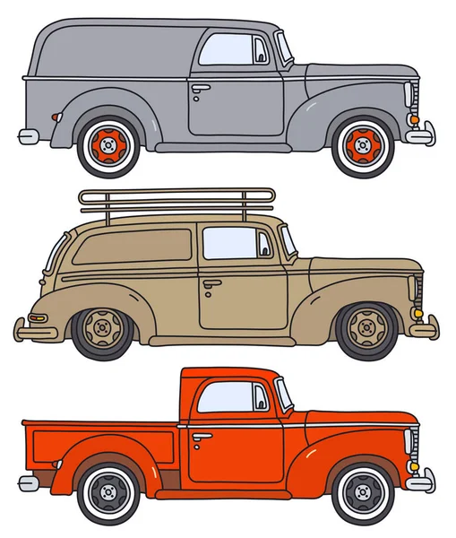 Vectorized Hand Drawing Three Retro Delivery Vehicles Royalty Free Stock Vectors