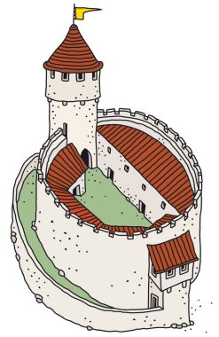 The vectorized hand drawing of an old white stone castle