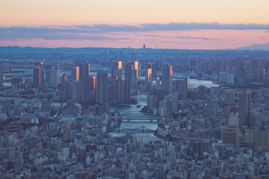 Japonya, Tokyo, Ekim 2021, gökyüzünden bir manzara şehrin üç kulesi ve gün batımında Fuji Dağı.