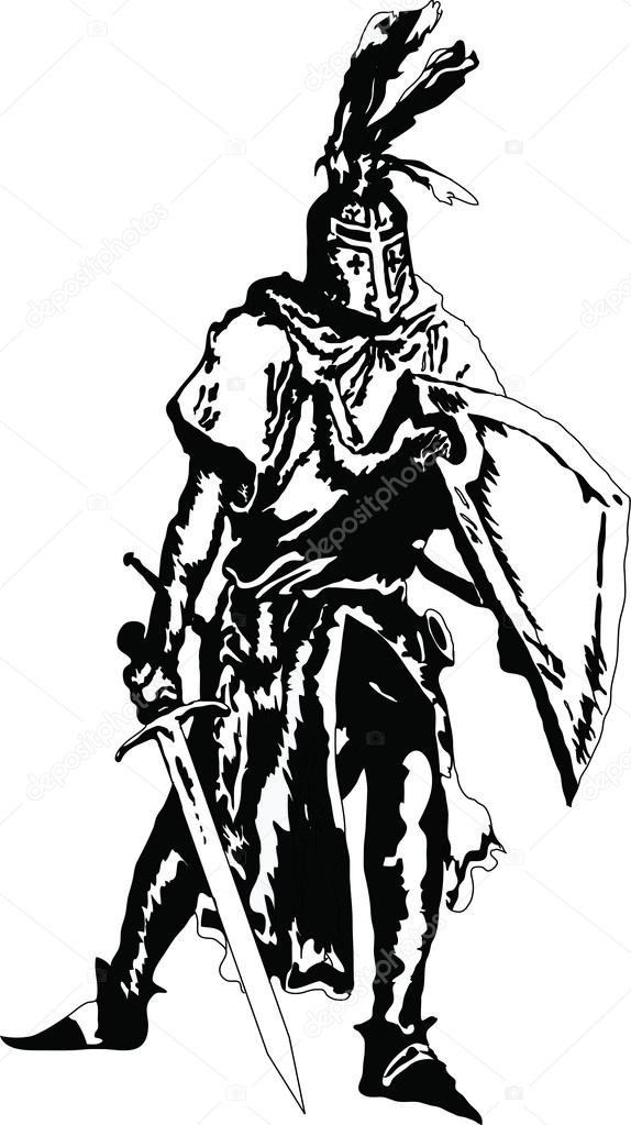 Black-and-white picture with the image of the knight in an armor with sword and shield in hand. You will need a vector editor to use this file (such as Adobe Illustrator, Photoshop CS5)
