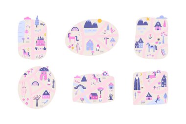 Bir grup sihirli çocuk vektör çizimlerini haritalar.