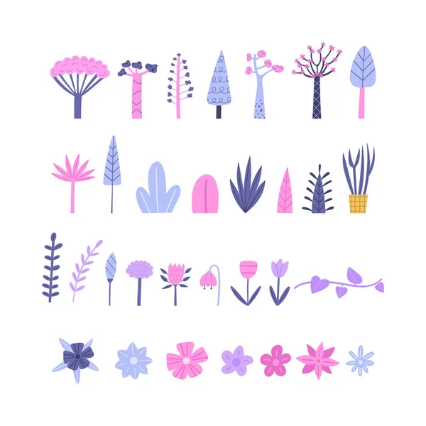 Ensemble d'arbres, plantes et fleurs cliparts vectoriels dessinés à la main — Image vectorielle