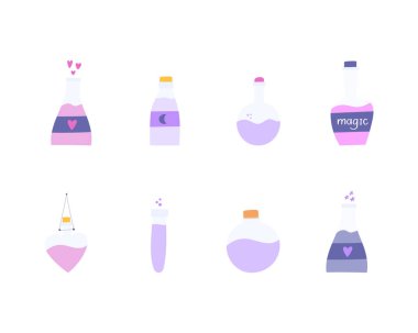 Şişelerdeki sihirli iksirler elle çizilmiş vektör çizimleri.