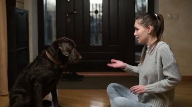 Young woman throws a treat to her dog. Dog training at home