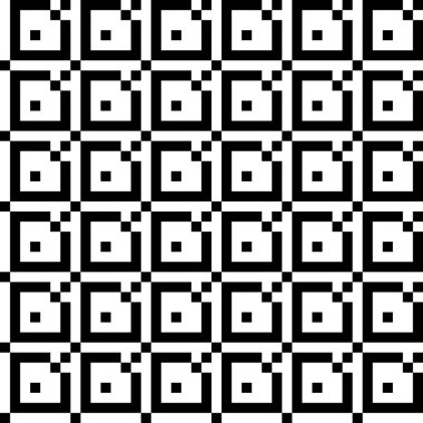 Geometrik kare şekilli tasarım elementlerinin kusursuz deseni. Dikdörtgen vektör simgeleri beyaz arkaplanda siyah. Şirket tarzı için piksel markalaştırma logosu tasarımı