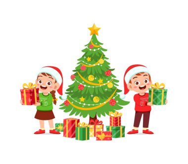 Mutlu küçük oğlan ve kız Noel hediyesi tutuyorlar.