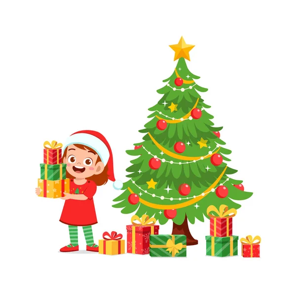 Χαρούμενο Κοριτσάκι Που Κρατάει Δώρο Για Χριστούγεννα — Διανυσματικό Αρχείο