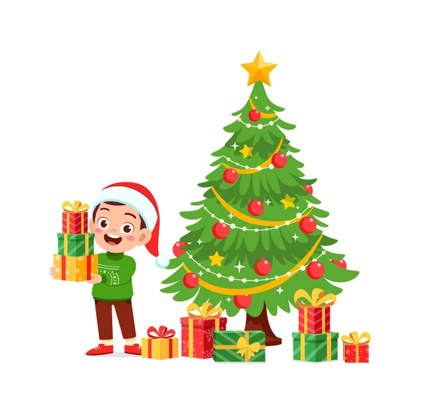 Menino Feliz Segurando Presente Para Natal —  Vetores de Stock