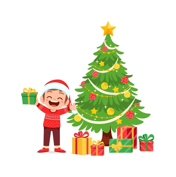 Χαρούμενο Αγοράκι Που Κρατάει Δώρο Για Χριστούγεννα — Διανυσματικό Αρχείο