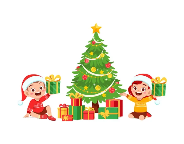 Boldog Kisfiú Lány Kezében Ajándék Karácsonyra — Stock Vector