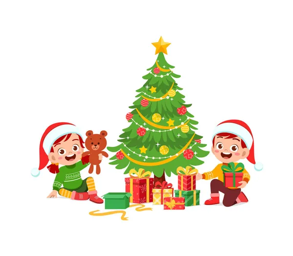 Ευτυχισμένο Μικρό Αγόρι Και Κορίτσι Κρατώντας Δώρο Για Χριστούγεννα — Διανυσματικό Αρχείο