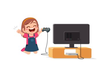 cute little girl play video game on big screen clipart