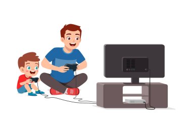 Küçük şirin çocuk büyük ekranda video oyunu oynuyor.