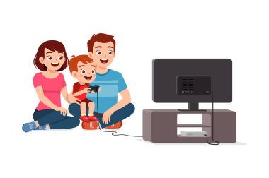 Küçük şirin çocuk büyük ekranda video oyunu oynuyor.