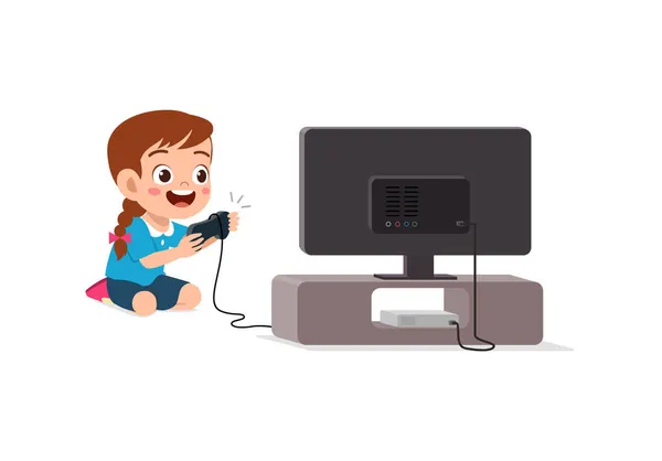 Küçük Tatlı Kız Büyük Ekranda Video Oyunu Oynuyor — Stok Vektör
