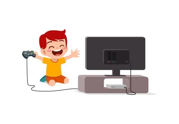 Χαριτωμένο Μικρό Αγόρι Παίζουν Βιντεοπαιχνίδι Στη Μεγάλη Οθόνη — Διανυσματικό Αρχείο