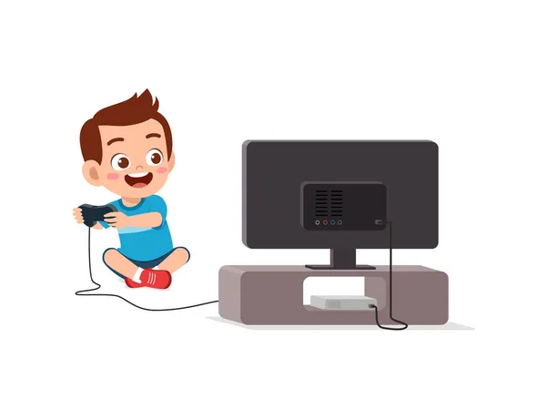 Χαριτωμένο Μικρό Αγόρι Παίζουν Βιντεοπαιχνίδι Στη Μεγάλη Οθόνη — Διανυσματικό Αρχείο