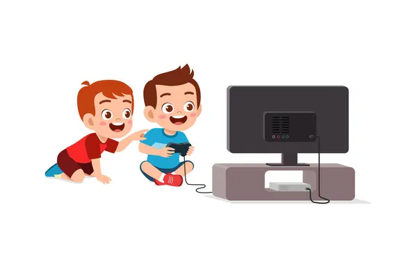 Симпатичный Маленький Мальчик Играет Видеоигру Большом Экране — стоковый вектор