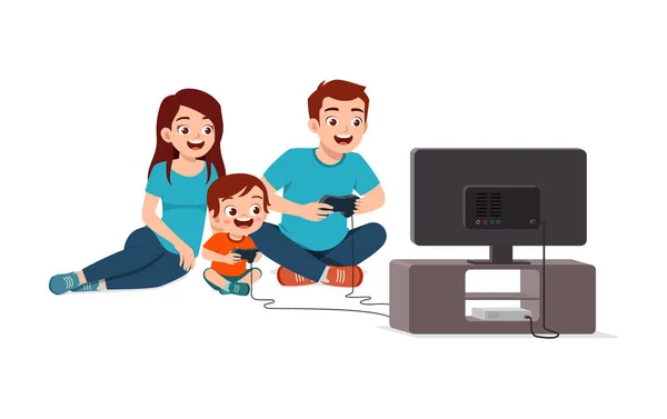 Słodkie Mały Chłopiec Grać Gry Wideo Dużym Ekranie — Wektor stockowy