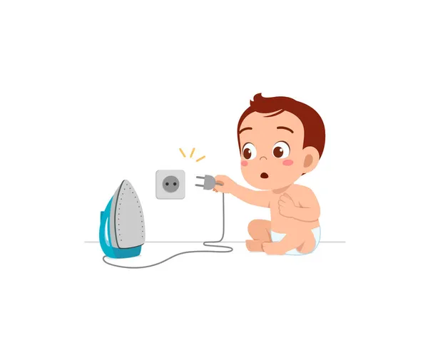 Μικρό Μωρό Περίεργος Συνδέσετε Ηλεκτρικό Σίδερο Πρίζα Τοίχου — Διανυσματικό Αρχείο