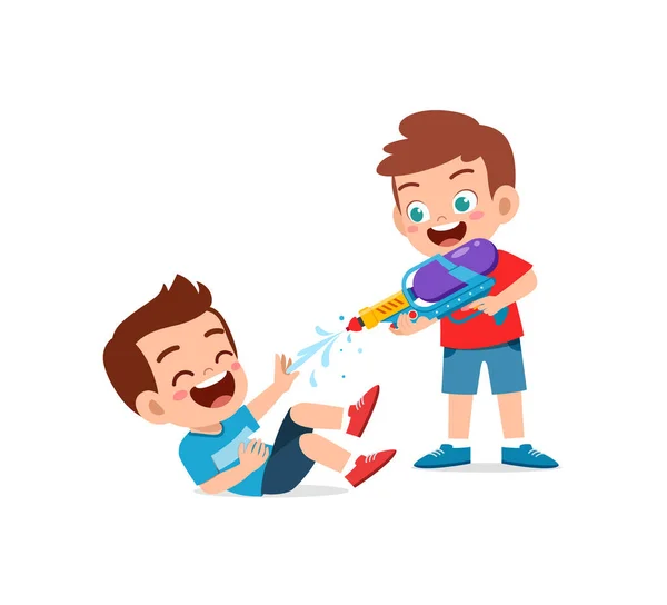 Schattig Klein Kind Met Water Pistool Spelen Met Vriend — Stockvector