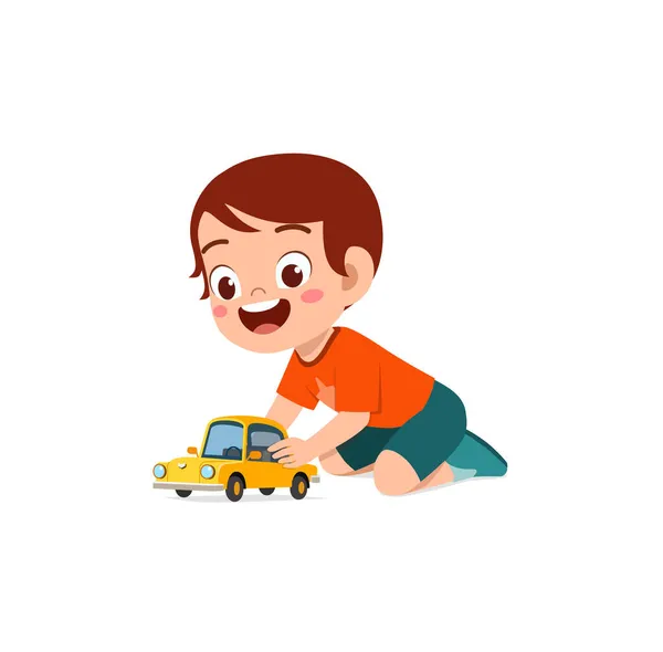 Pequeño Niño Jugar Con Pequeño Juguete Coche — Vector de stock