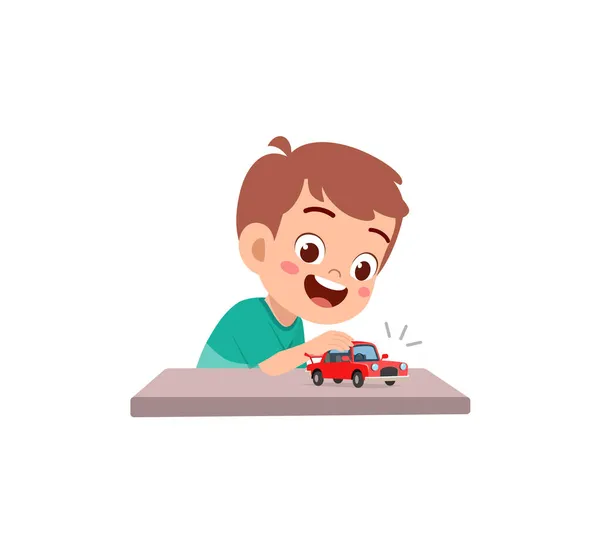 Маленький Хлопчик Грає Маленьким Іграшковим Автомобілем — стоковий вектор