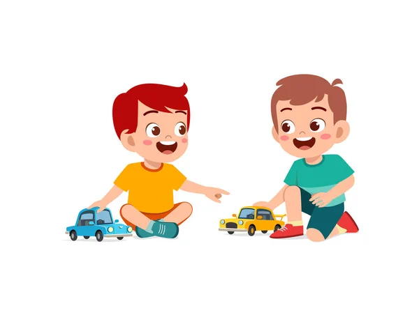 Little Boy Play Small Toy Car Friend — Stock Vector