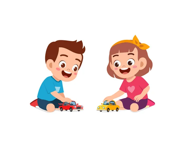 Kleine Jongen Spelen Met Kleine Speelgoed Auto Met Vriend — Stockvector
