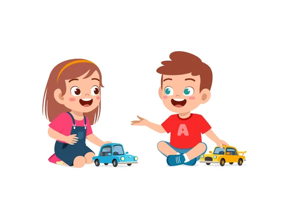 Little Boy Play Small Toy Car Friend — Stock Vector