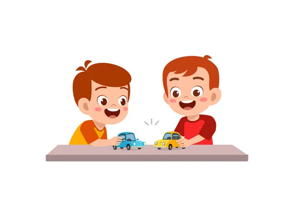 Little Boy Play Small Toy Car Friend — Stock Vector