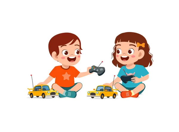 Pequeño Niño Jugar Con Control Remoto Juguete Coche Con Amigo — Vector de stock