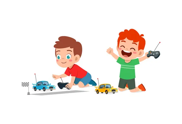 Kleiner Junge Spielt Mit Freund Mit Ferngesteuertem Spielzeugauto — Stockvektor