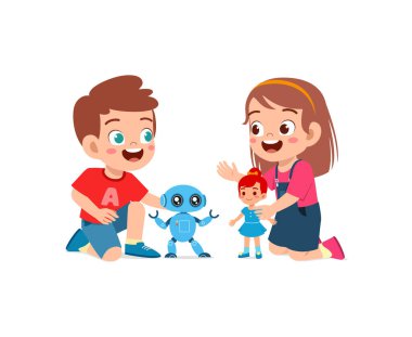İki çocuk, erkek ve kız birlikte robot ve oyuncak bebek oynuyorlar.