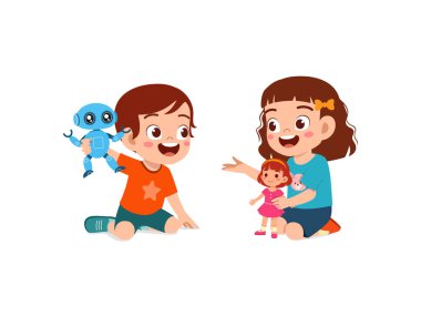 İki çocuk, erkek ve kız birlikte robot ve oyuncak bebek oynuyorlar.