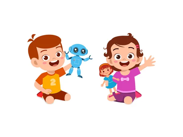 两个男孩和女孩一起玩机器人和娃娃 — 图库矢量图片
