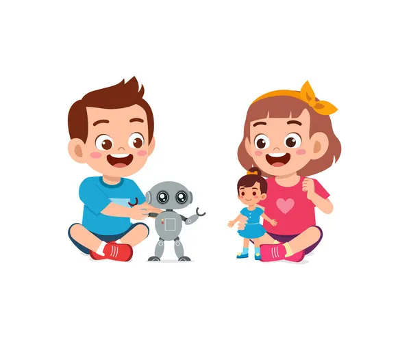 Dua Anak Laki Laki Dan Perempuan Bermain Robot Dan Boneka - Stok Vektor