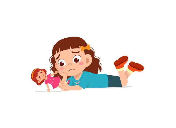 Schattig Meisje Spelen Speelgoed Pop Alleen Voel Verdrietig — Stockvector