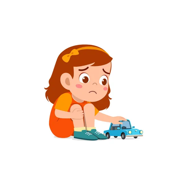Aranyos Lány Játszani Játék Autó Egyedül Szomorú — Stock Vector