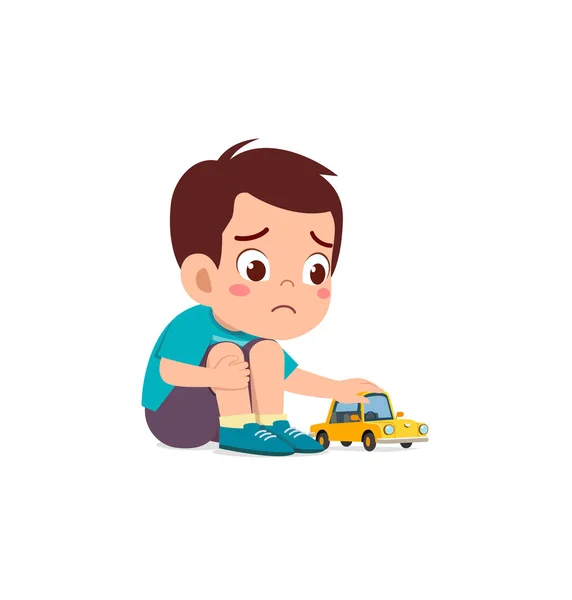 Милий Хлопчик Грає Іграшковий Автомобіль Сам Відчуває Себе Сумно — стоковий вектор