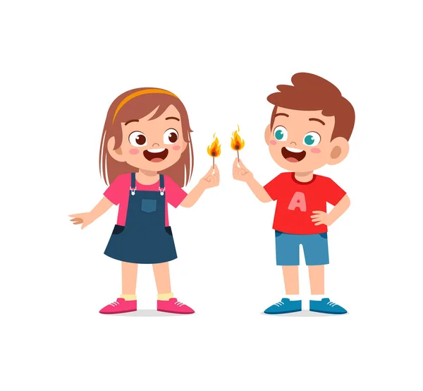 Niedlichen Kleinen Jungen Und Mädchen Halten Streichholz Mit Feuer — Stockvektor