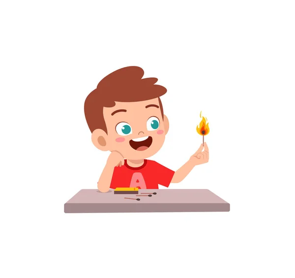 Lindo Niño Sosteniendo Partido Palo Con Fuego — Vector de stock