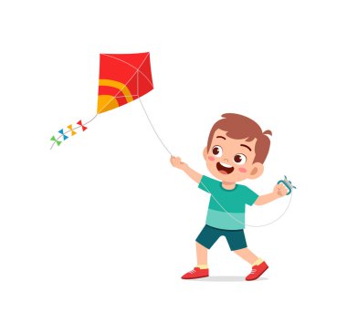 Sevimli küçük çocuk dışarıda uçurtma çal ve mutlu ol.