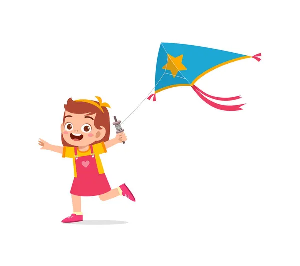 Cute Little Girl Play Kite Feel Happy — Stock Vector