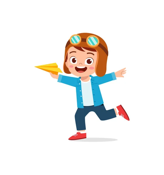 可爱的小男孩玩纸飞机 感到快乐 — 图库矢量图片