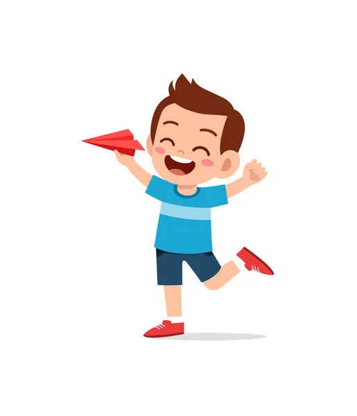 Милий Маленький Хлопчик Грає Паперовий Літак Відчуває Себе Щасливим — стоковий вектор